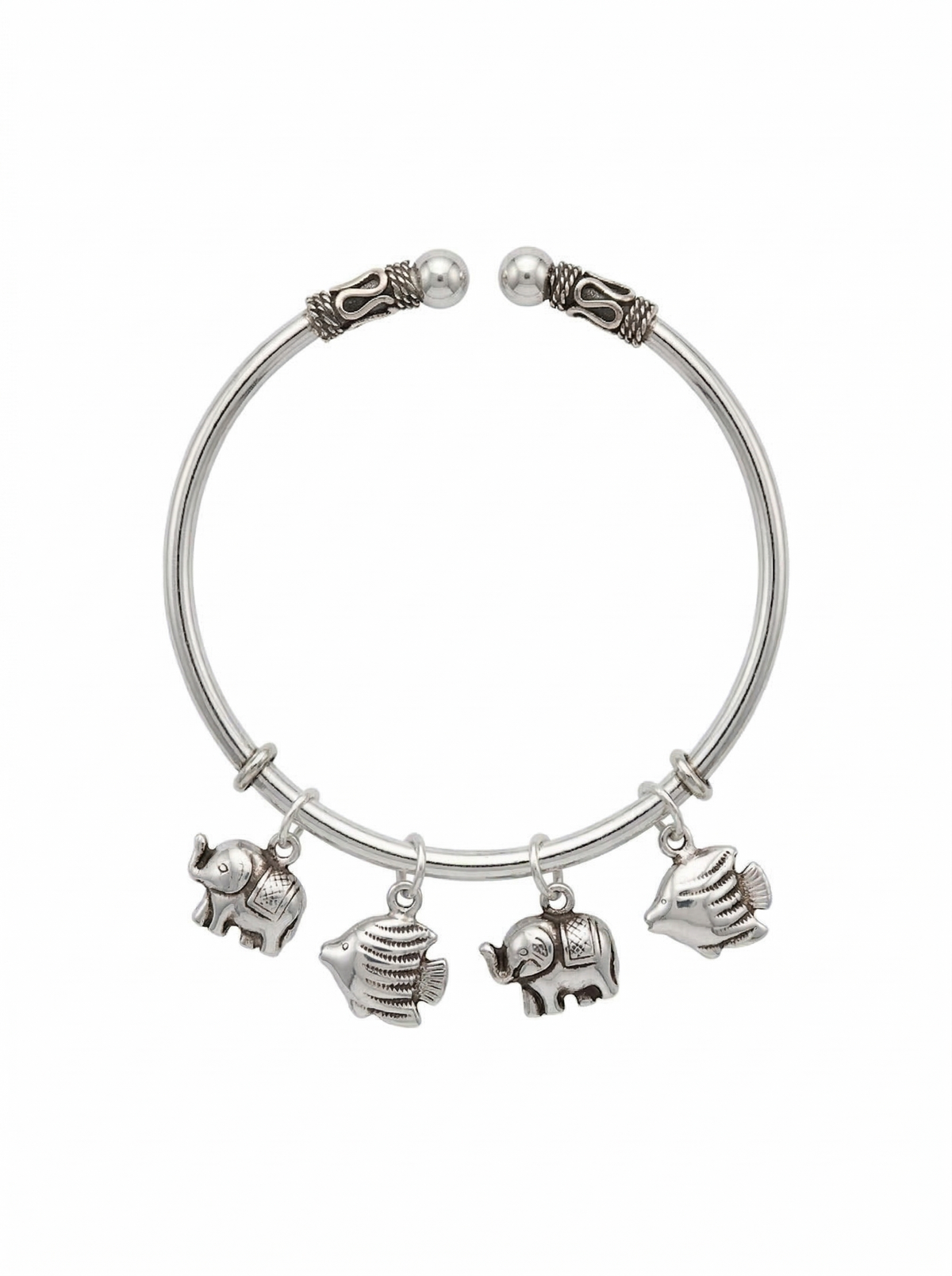 92.5 Sterling Silver Elephant & Fish Charm Silver Open Cuff Bracelet for Women