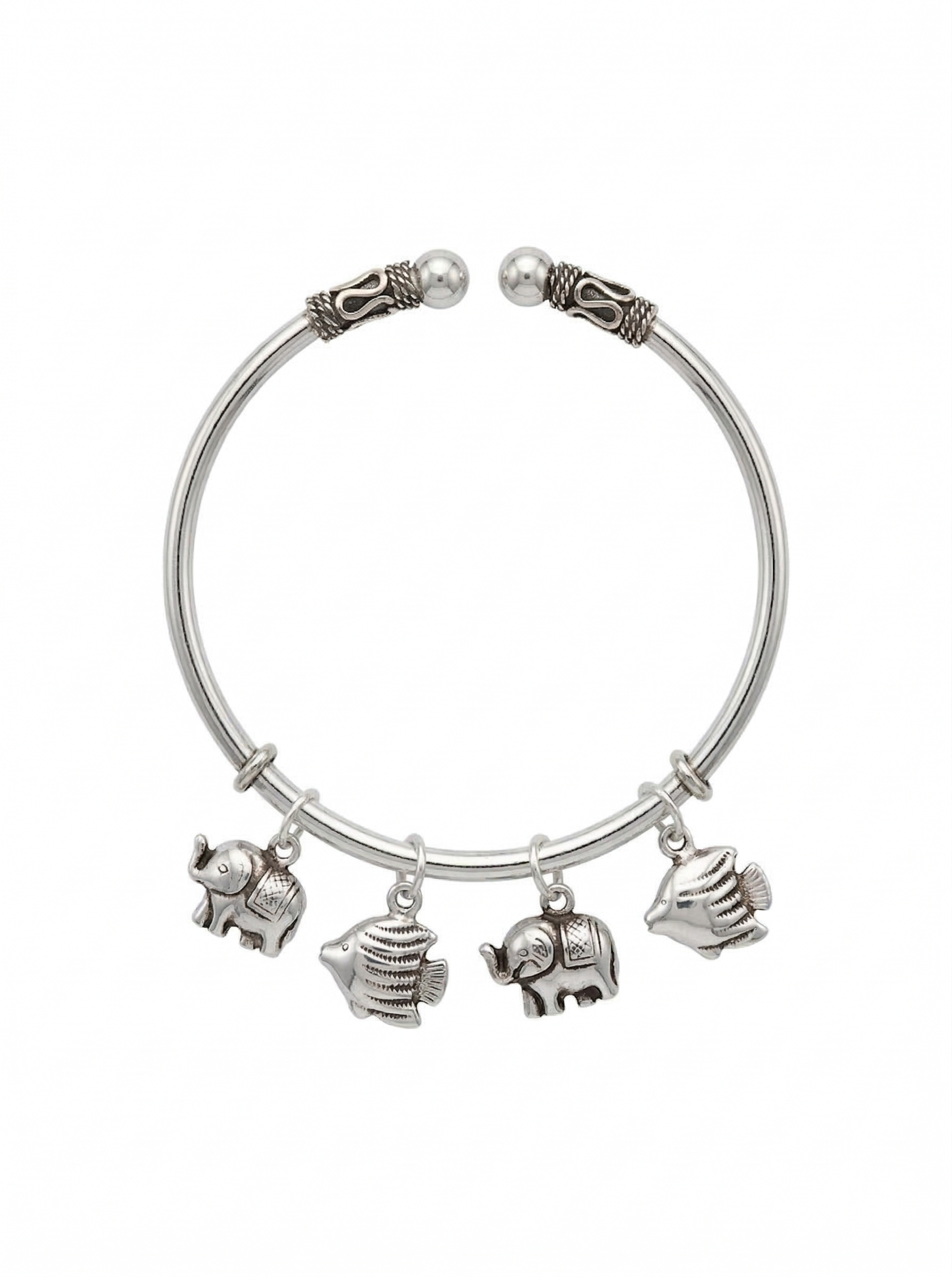 92.5 Sterling Silver Elephant & Fish Charm Silver Open Cuff Bracelet for Women