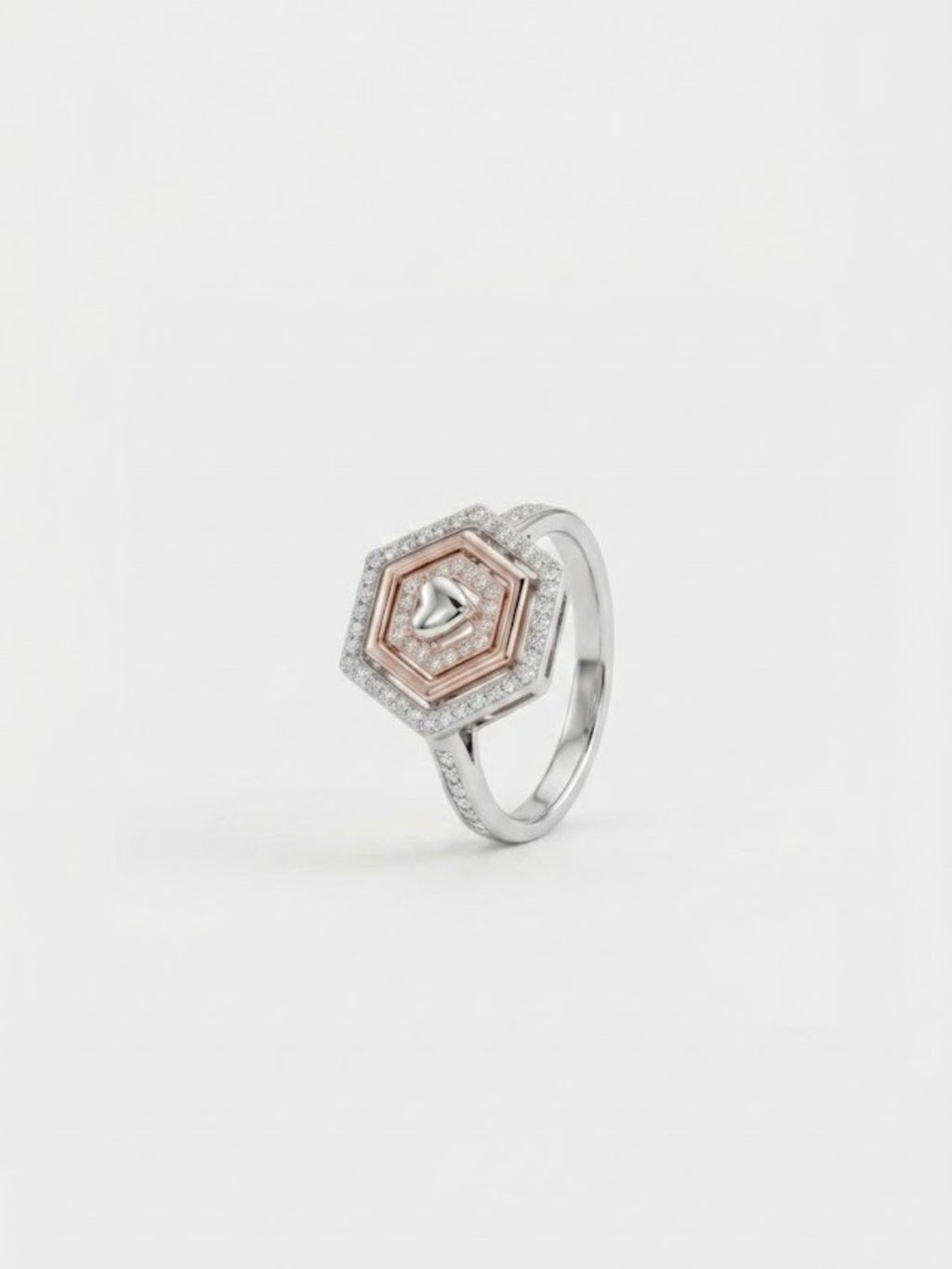 925 Sterling Silver Hexagon Heart Geometric Ring for Women