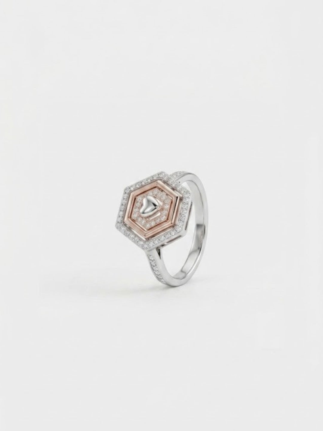 925 Sterling Silver Hexagon Heart Geometric Ring for Women