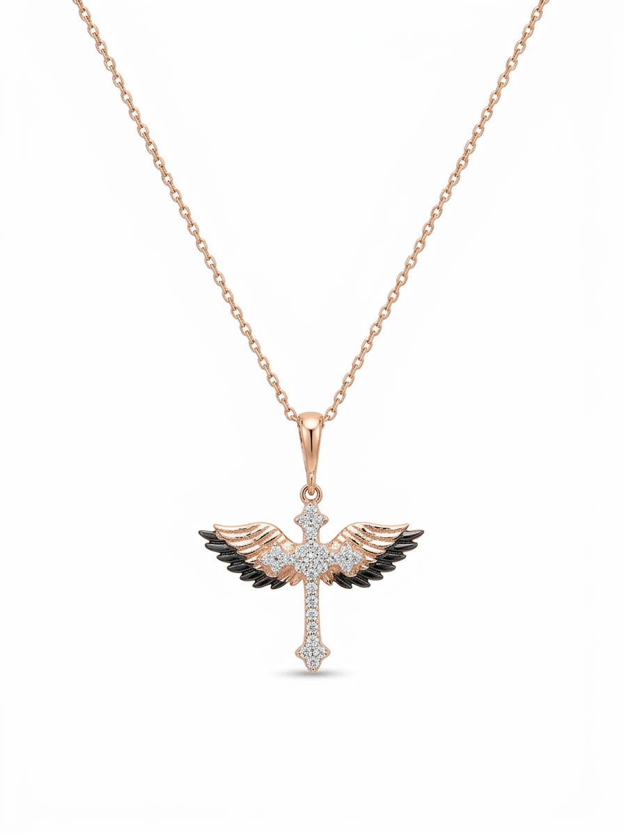 925 Sterling Silver Rose Gold Angel Winged Cross Pendant Necklace for women