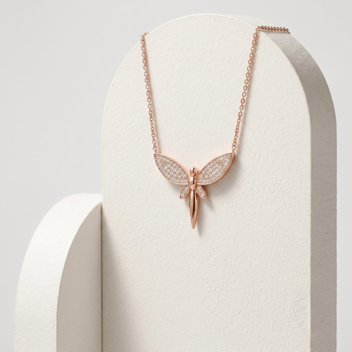925 Sterling Silver Rose Gold Pavé Dragonfly Pendant Necklace for Women