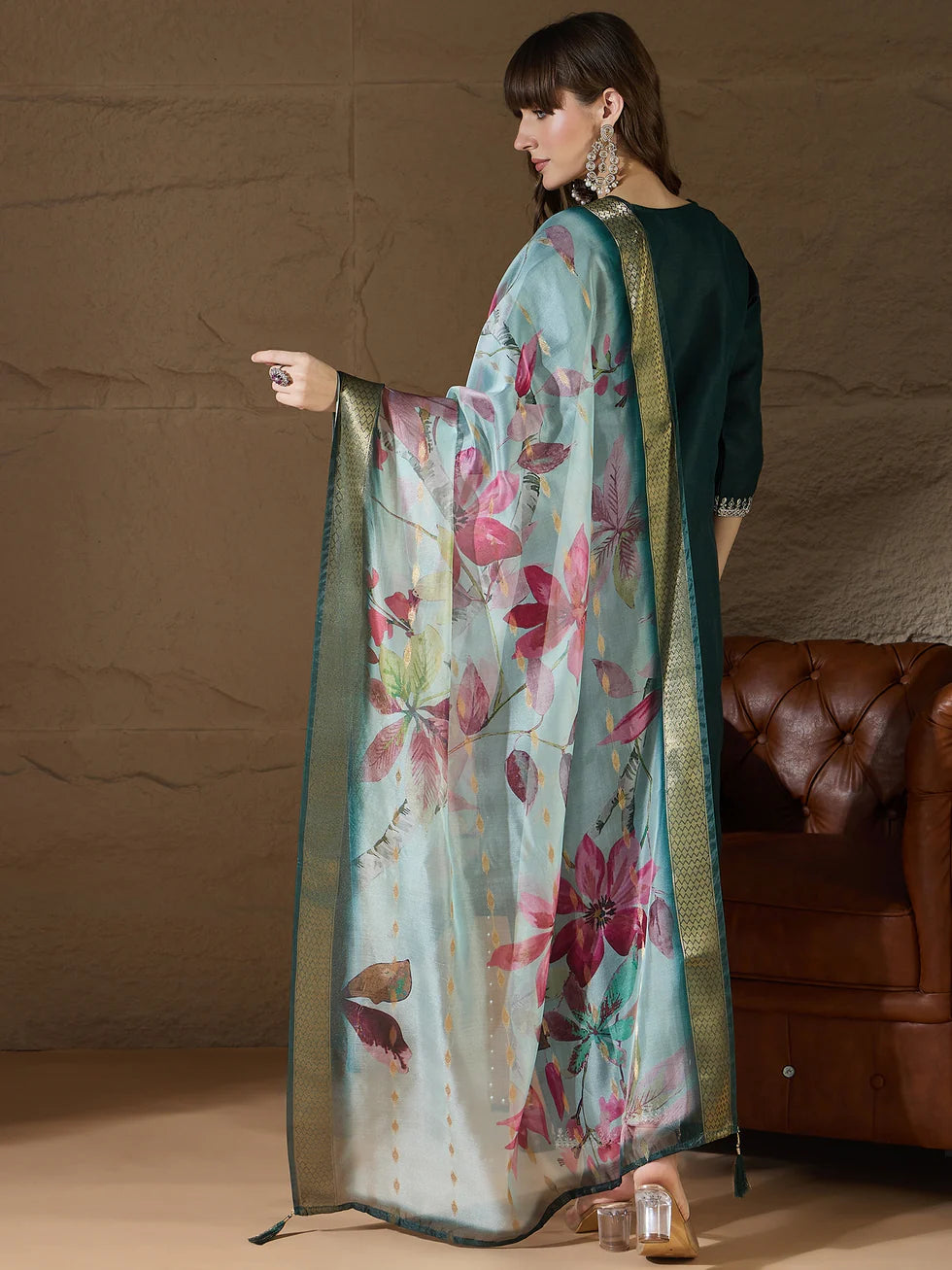 Meher Emerald Green Embroidered Kurta Set with Floral Organza Dupatta