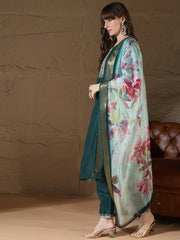 Meher Emerald Green Embroidered Kurta Set with Floral Organza Dupatta