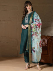 Meher Emerald Green Embroidered Kurta Set with Floral Organza Dupatta