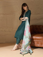 Meher Emerald Green Embroidered Kurta Set with Floral Organza Dupatta