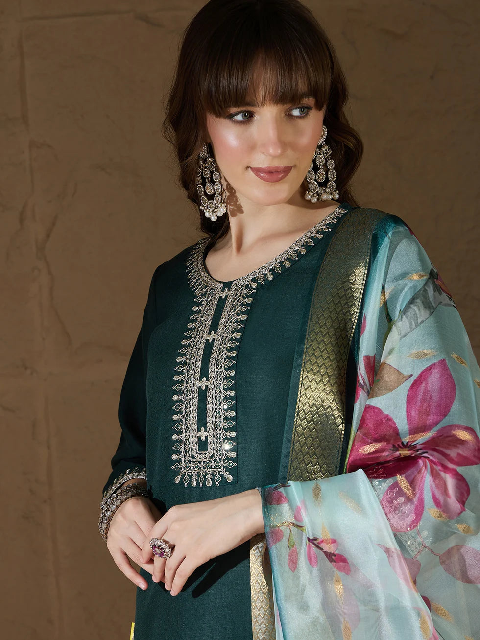 Meher Emerald Green Embroidered Kurta Set with Floral Organza Dupatta