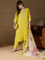 Meher Emerald Green Embroidered Kurta Set with Floral Organza Dupatta