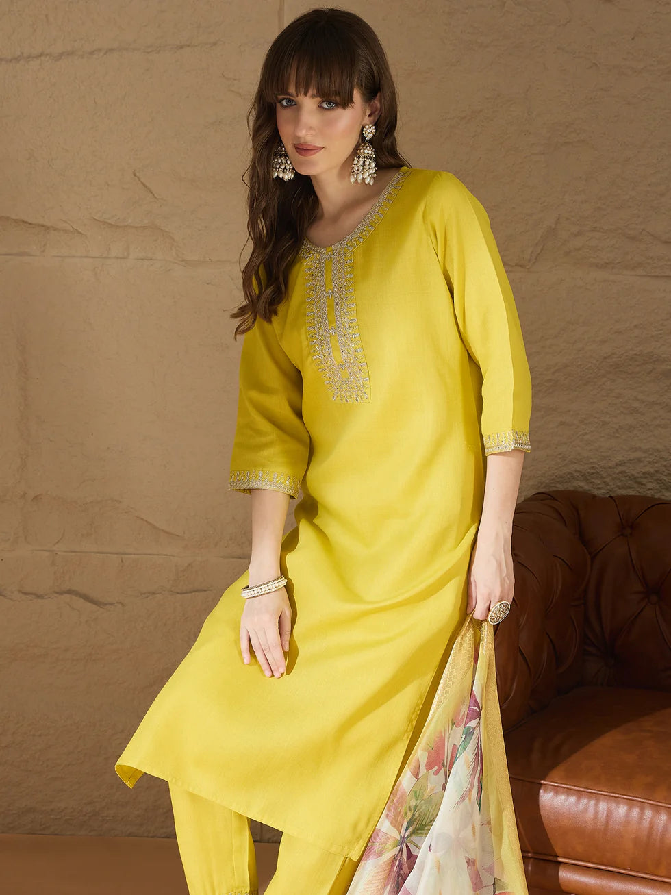 Meher Emerald Green Embroidered Kurta Set with Floral Organza Dupatta