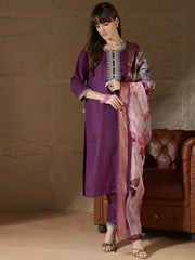Meher Plum Embroidered Kurta Set with Floral Organza Dupatta