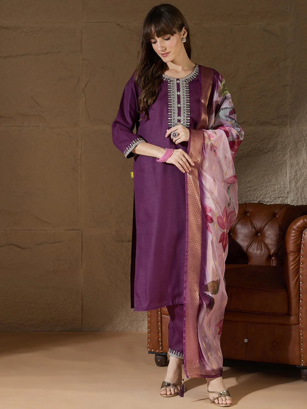 Floral Embroidered Pure Cotton Round Neck Kurta Trouser And Dupatta Set