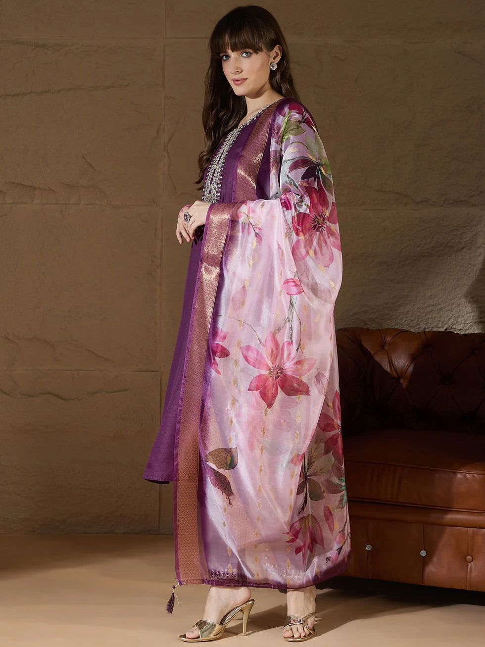 Floral Embroidered Pure Cotton Round Neck Kurta Trouser And Dupatta Set