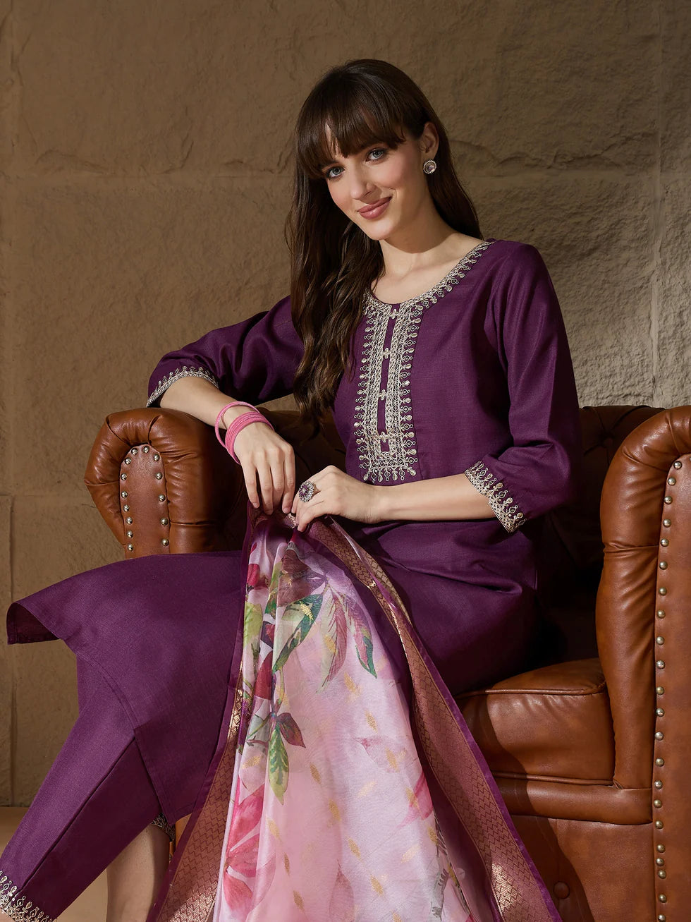 Floral Embroidered Pure Cotton Round Neck Kurta Trouser And Dupatta Set