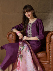 Meher Plum Embroidered Kurta Set with Floral Organza Dupatta