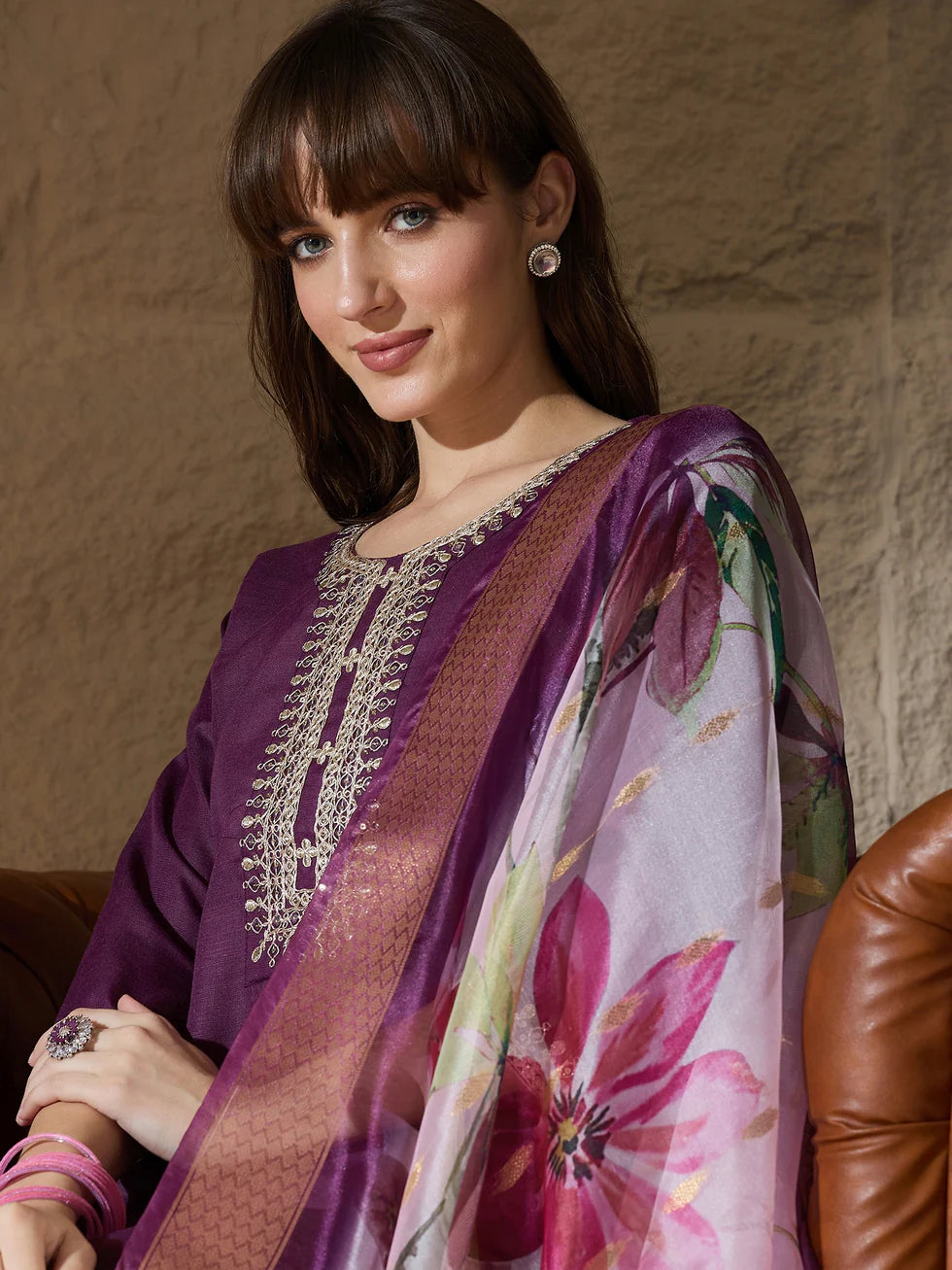 Floral Embroidered Pure Cotton Round Neck Kurta Trouser And Dupatta Set