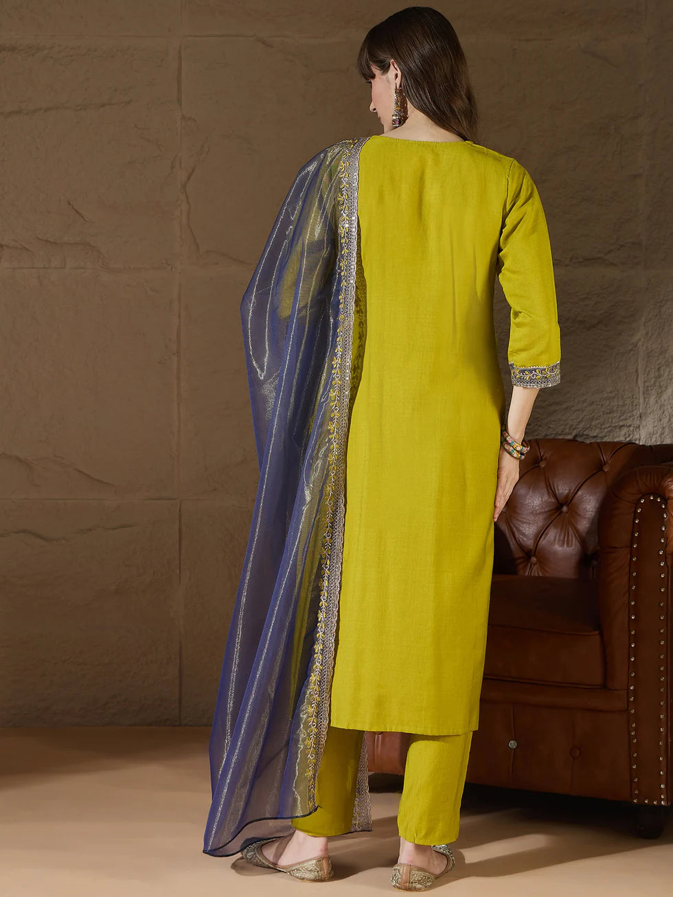 Floral Embroidered Silk V Neck Kurta Trouser And Dupatta Set