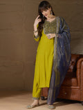 Floral Embroidered Silk V Neck Kurta Trouser And Dupatta Set