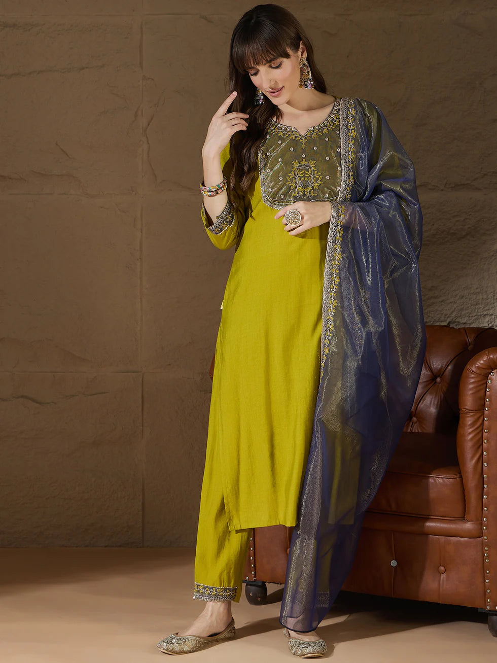 Floral Embroidered Silk V Neck Kurta Trouser And Dupatta Set