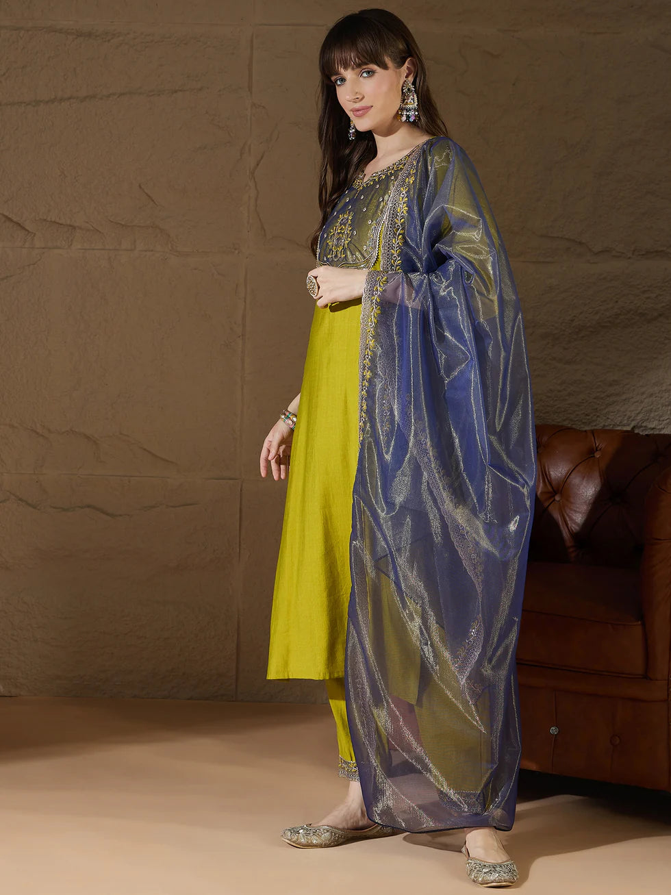 Floral Embroidered Silk V Neck Kurta Trouser And Dupatta Set