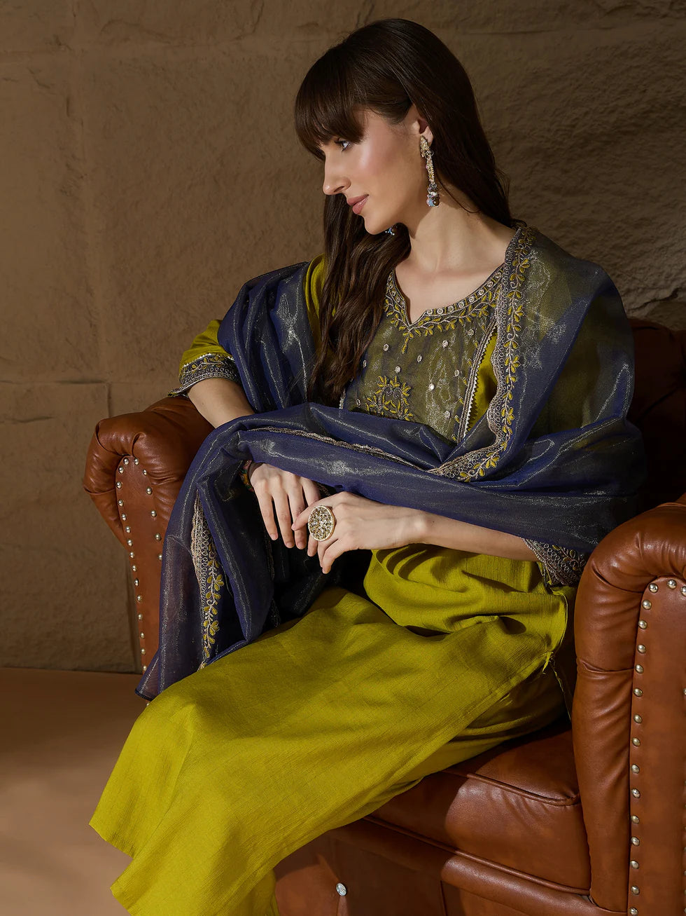 Floral Embroidered Silk V Neck Kurta Trouser And Dupatta Set