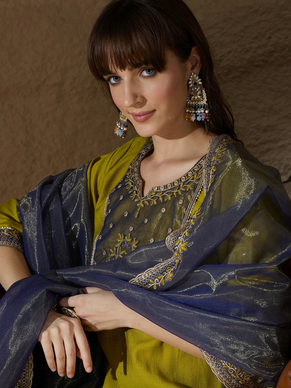 Floral Embroidered Silk V Neck Kurta Trouser And Dupatta Set