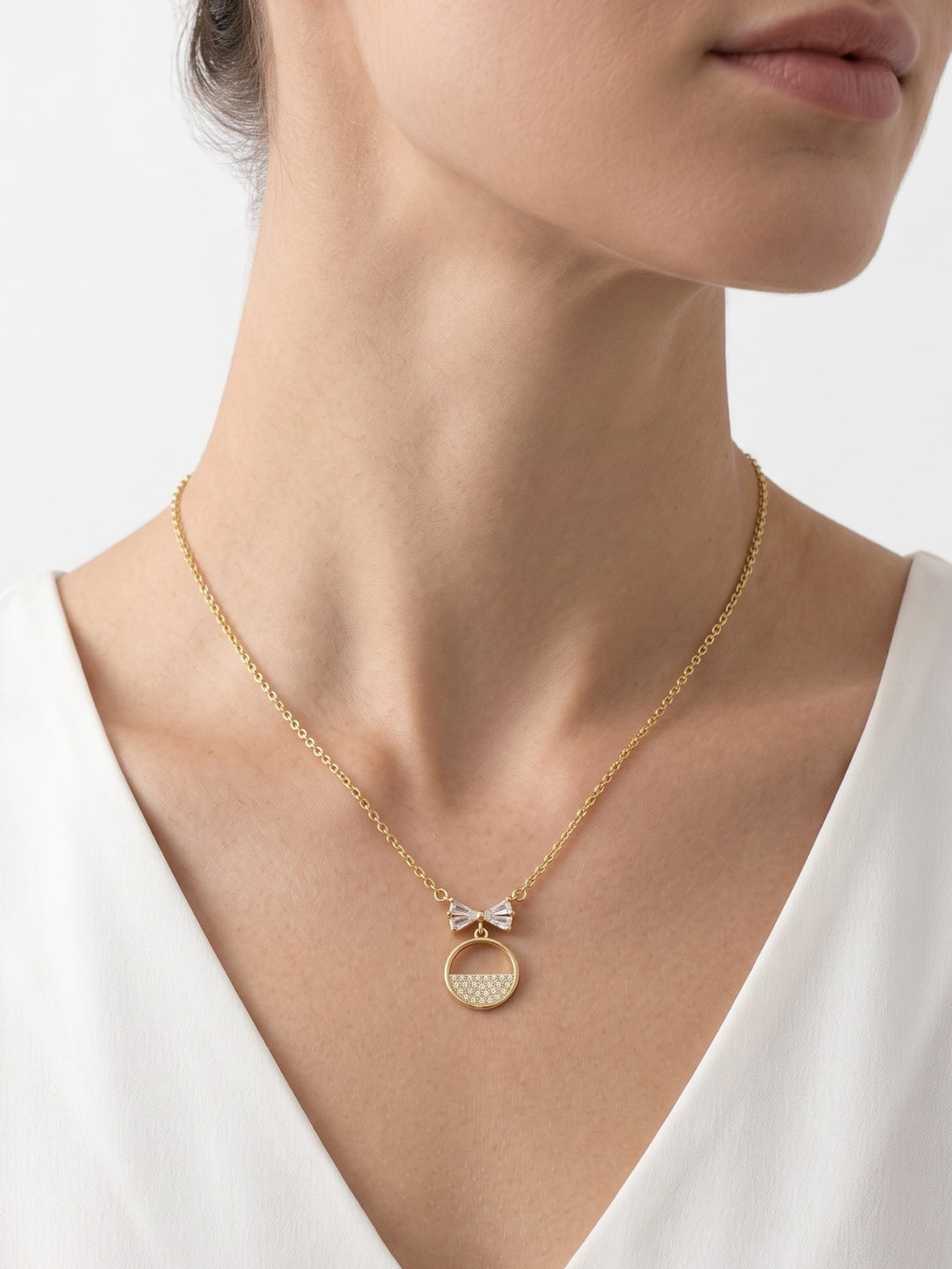925 Sterling Silver Golden Bow Circle Necklace for Women