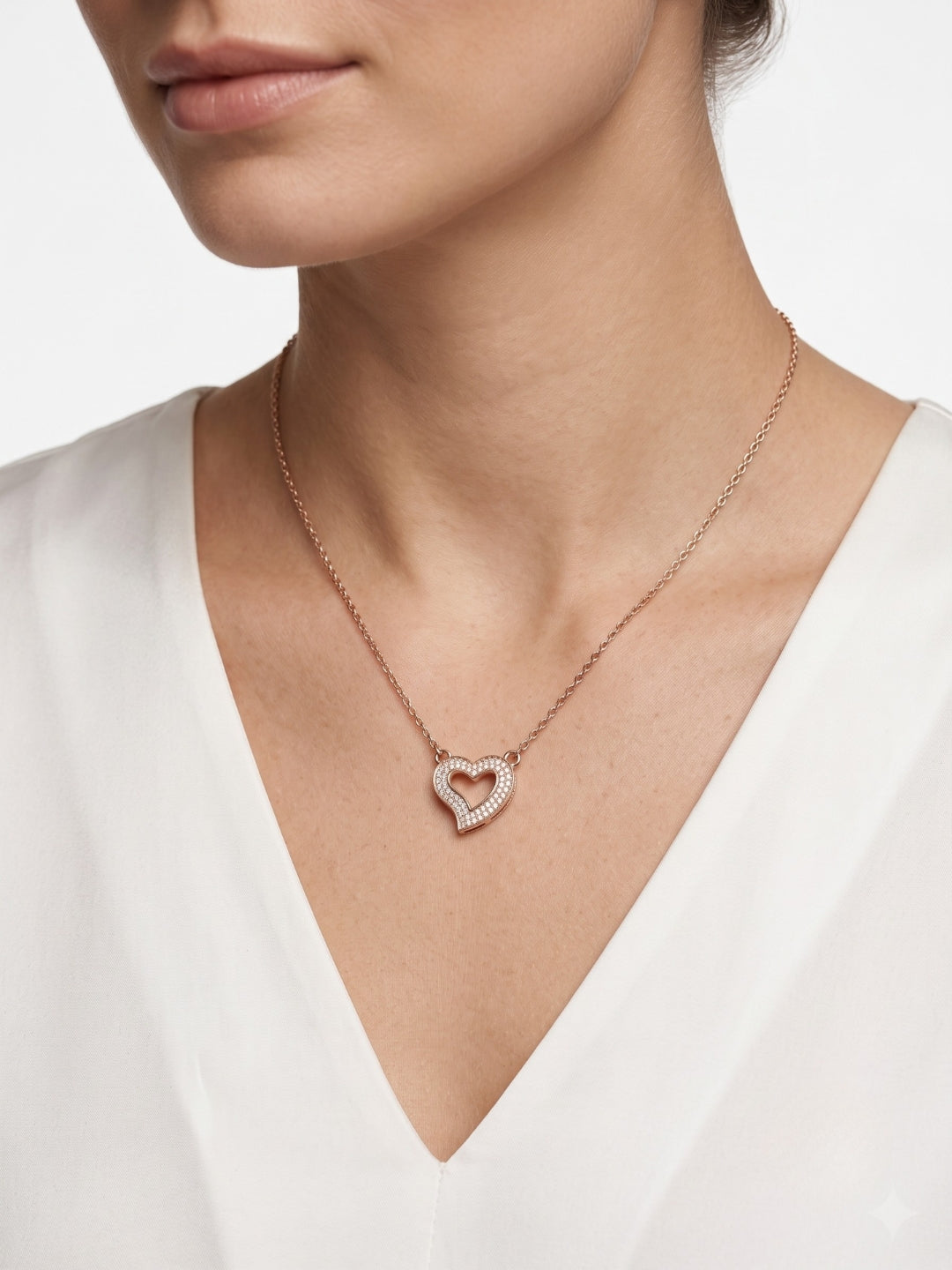 925 Sterling Silver Rose Gold Open Heart CZ Necklace for Women