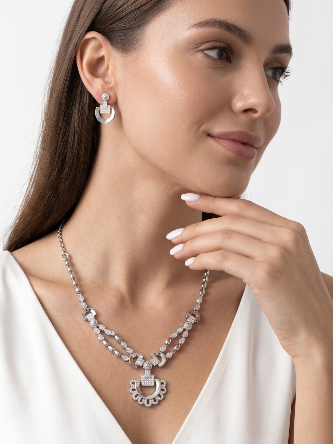 925 Sterling Silver Celeste Dual Chain Pendant Necklace Set with earrings