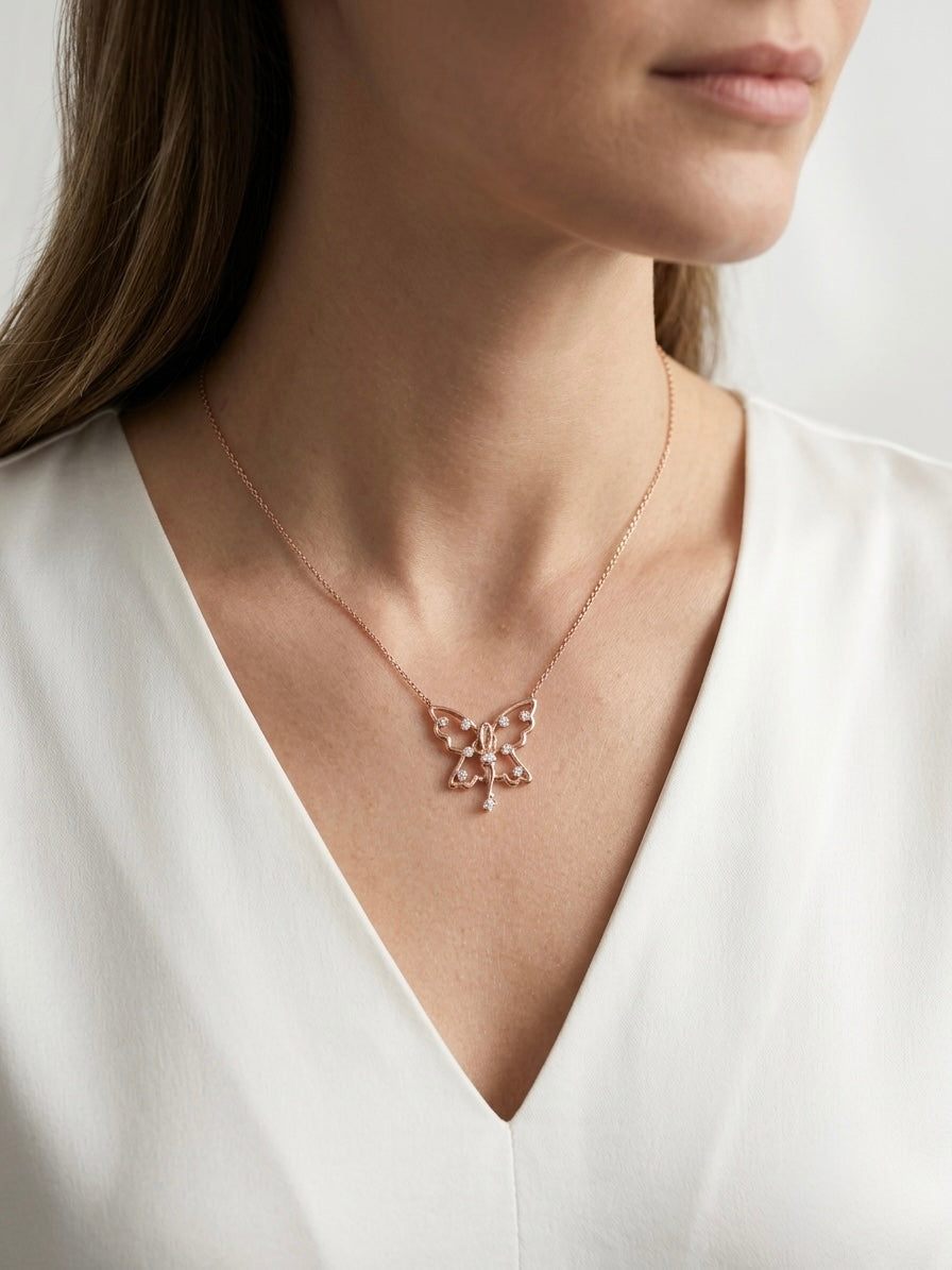 925 Sterling Silver Dainty Rose Gold Butterfly Fairy Pendant Necklace for Women