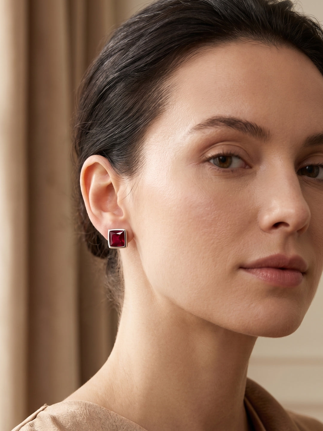 925 Silver Ruby Square Stud Earrings for Women