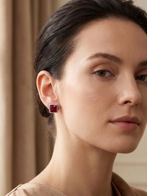 925 Silver Ruby Square Stud Earrings for Women