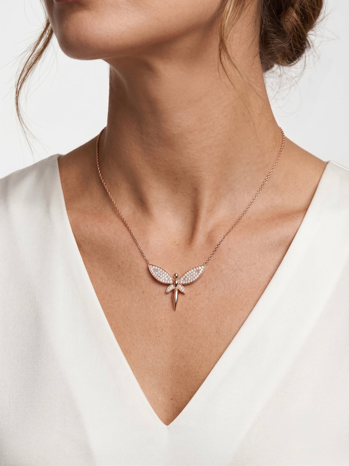 925 Sterling Silver Rose Gold Pavé Dragonfly Pendant Necklace for Women