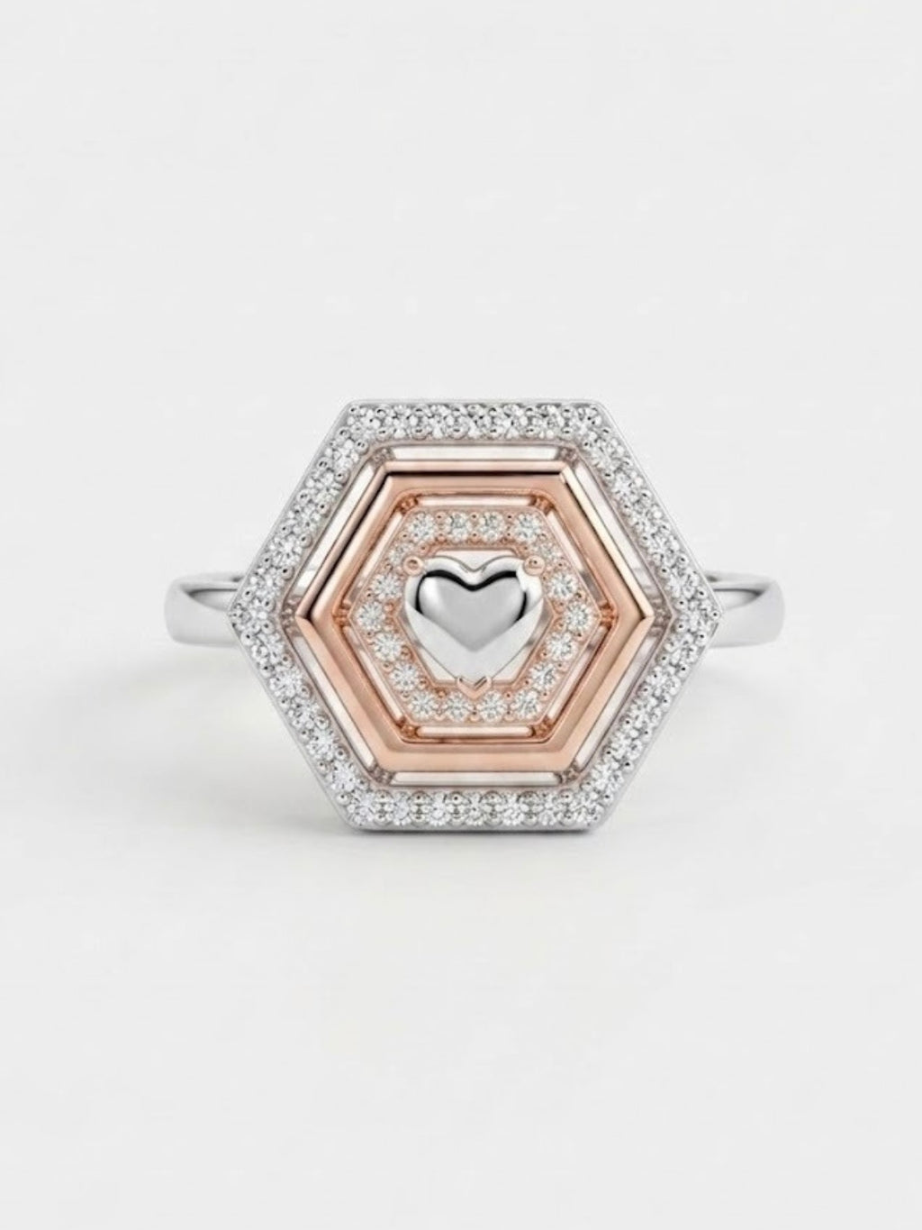 925 Sterling Silver Hexagon Heart Geometric Ring for Women