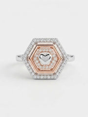 925 Sterling Silver Hexagon Heart Geometric Ring for Women