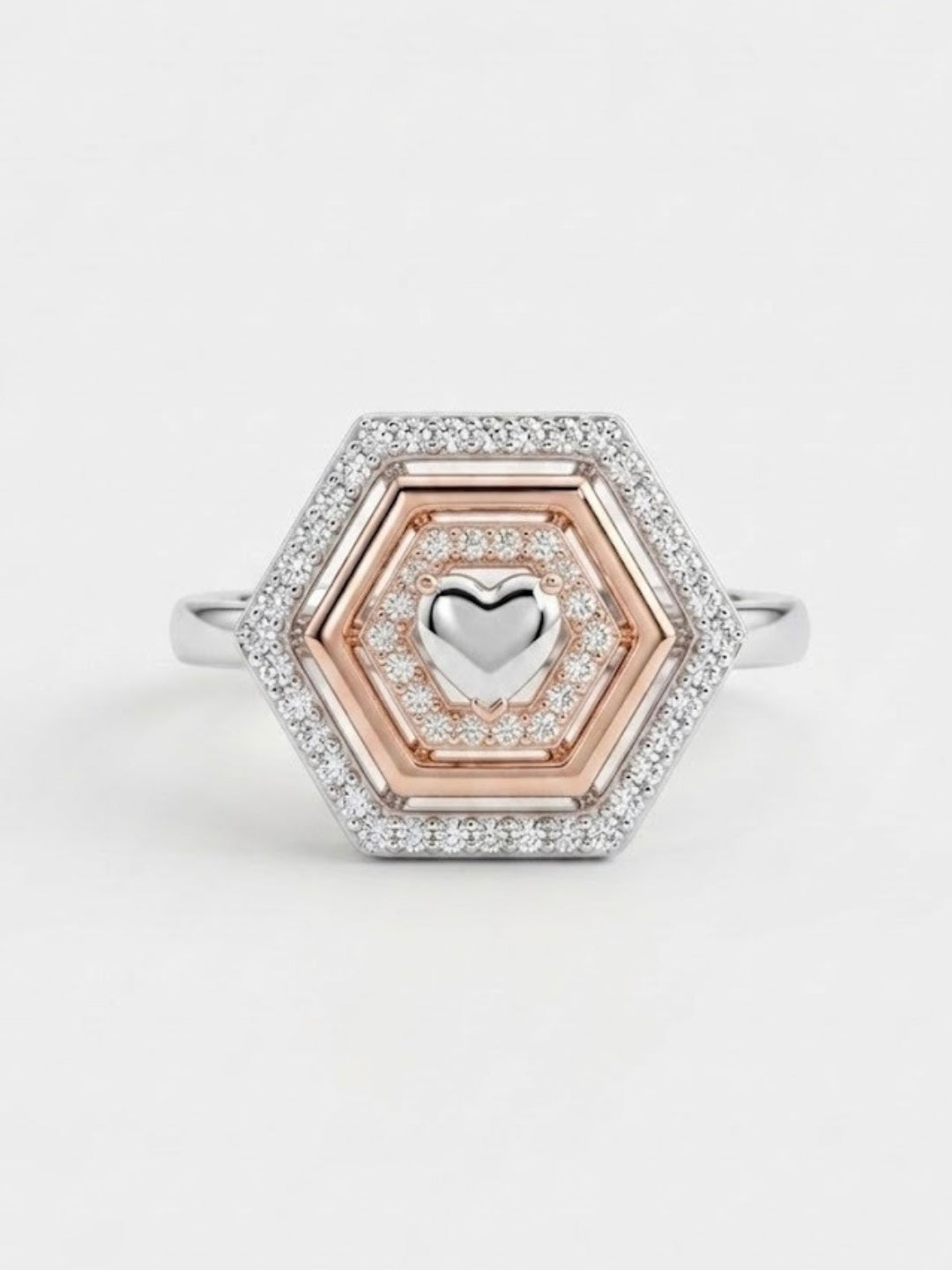 925 Sterling Silver Hexagon Heart Geometric Ring for Women