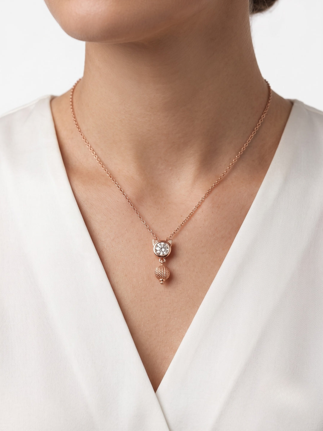 925 Sterling Silver Rose Gold Crystal Cat Charm Necklace for Women