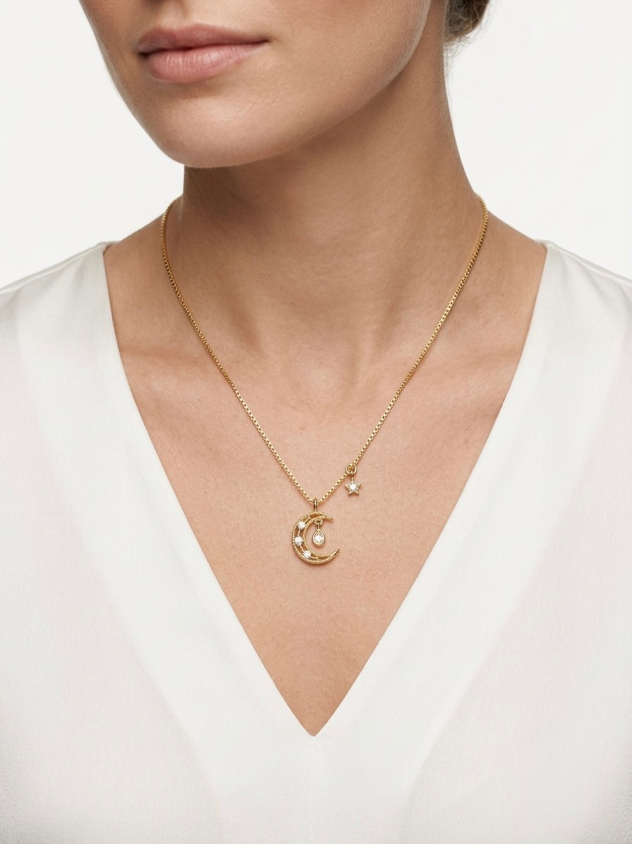 925 Sterling Silver Moon & Star Necklace for Women