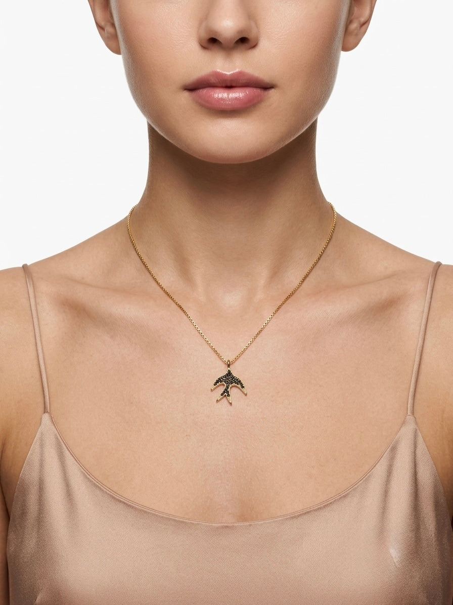 925 Sterling Silver Sparkling Black Spinel Bird Pendant Necklace for Women