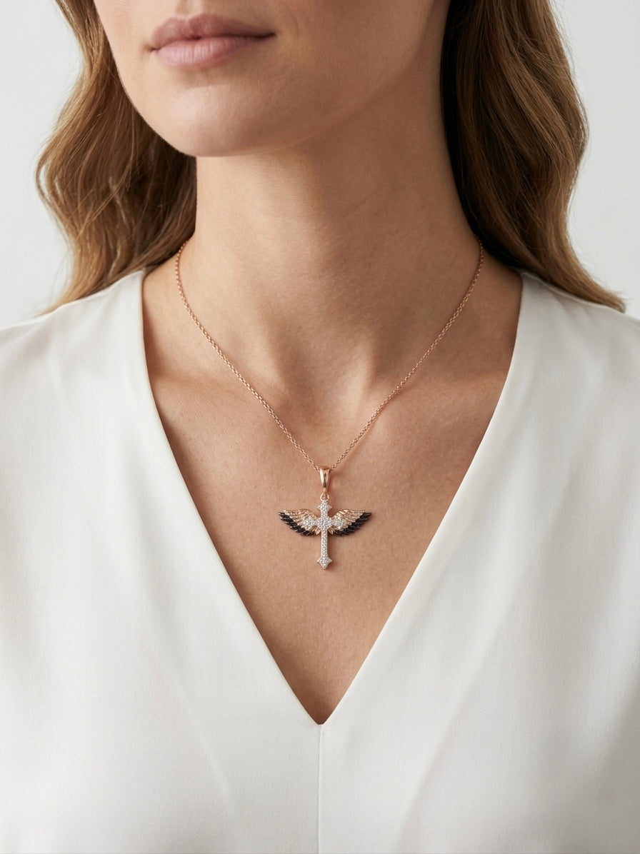 925 Sterling Silver Rose Gold Angel Winged Cross Pendant Necklace for women