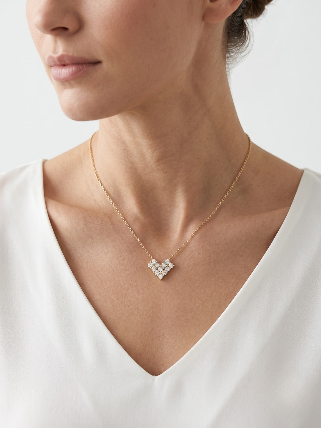 925 Sterling Silver Golden Diamond Heart Cluster Necklace for Women