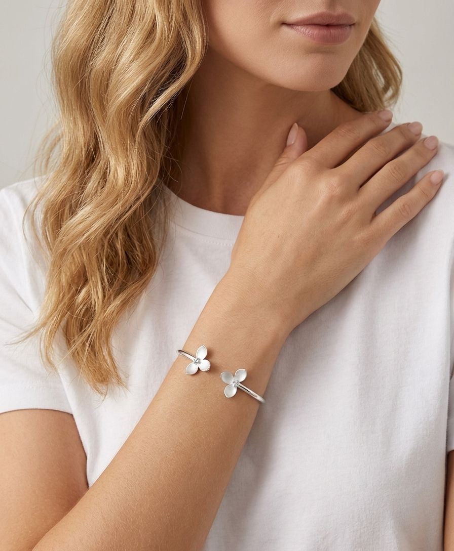 92.5 Sterling Silver Petal Open Cuff Bracelet for Women