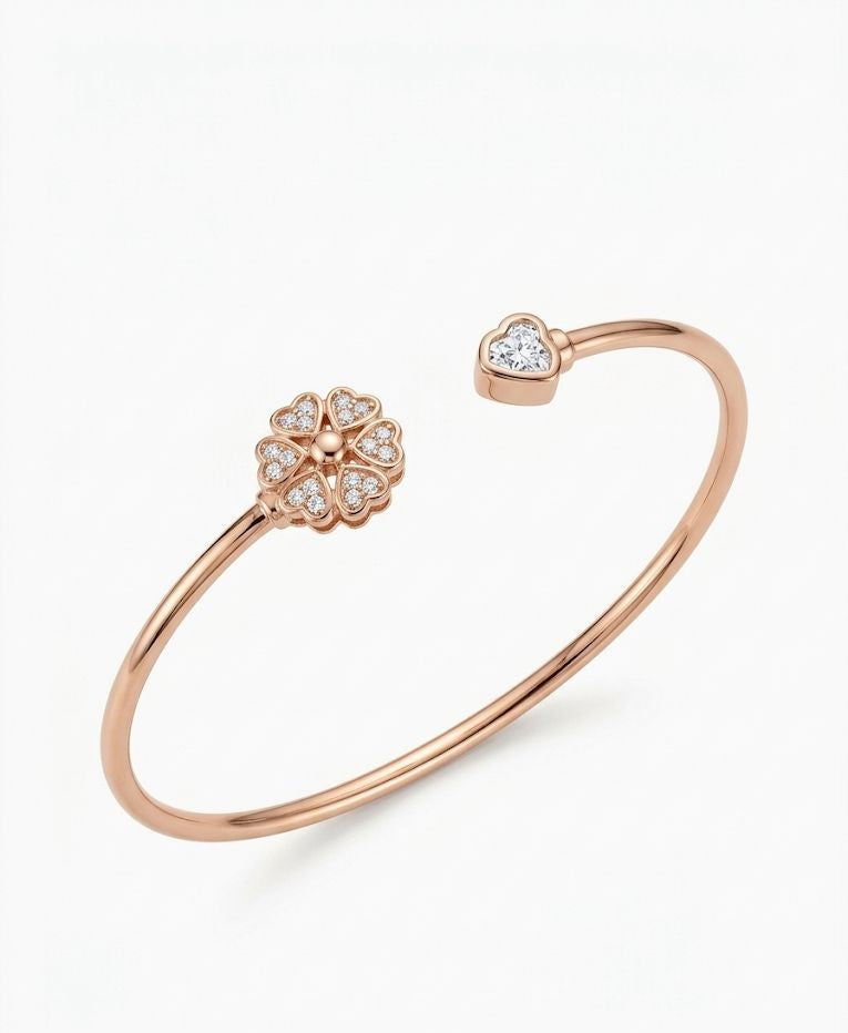 92.5 Sterling Silver Blossom Heart Open Cuff Bracelet for Women