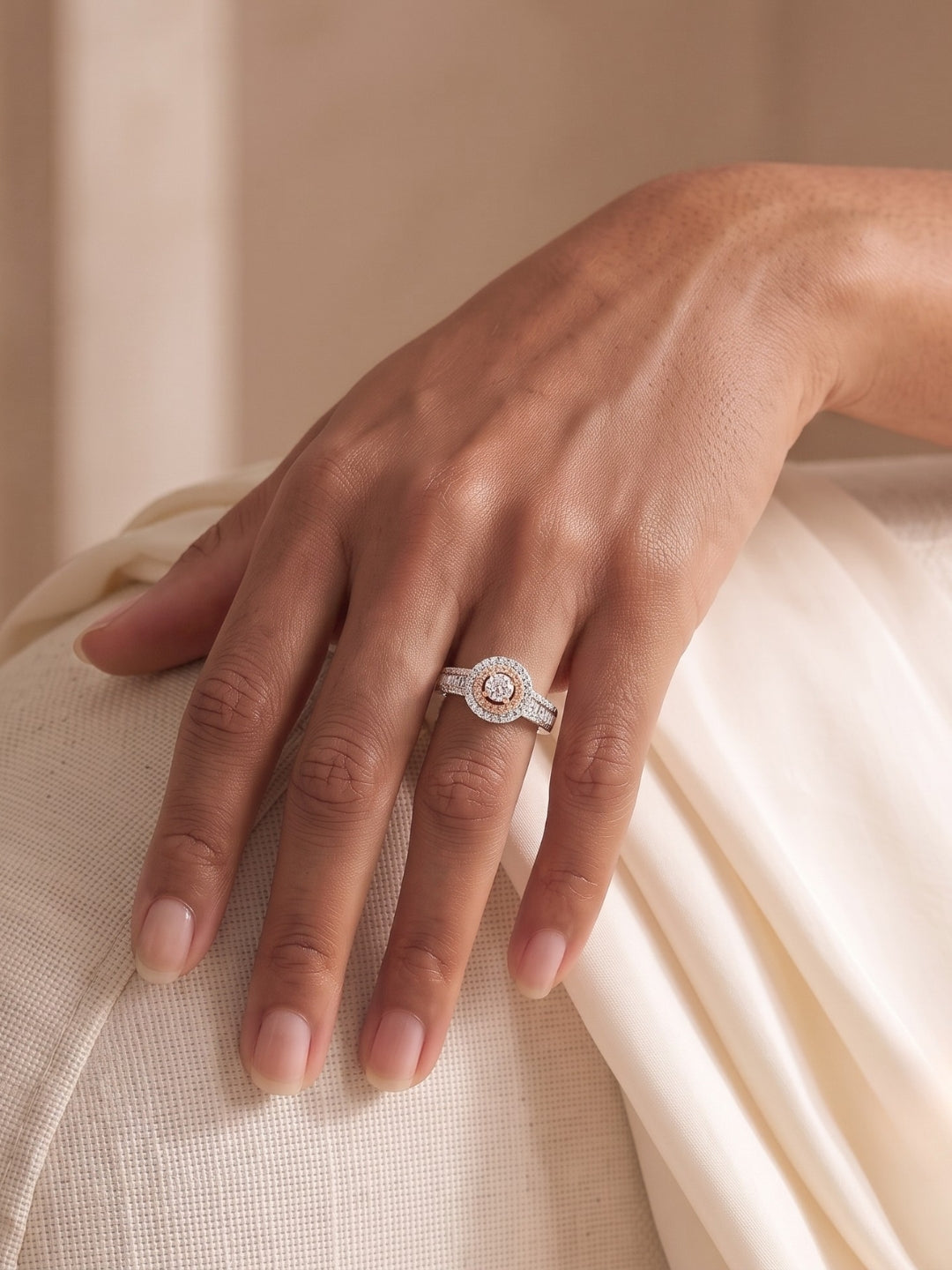 925 Sterling Silver Rose Gold Halo Baguette Ring for Women
