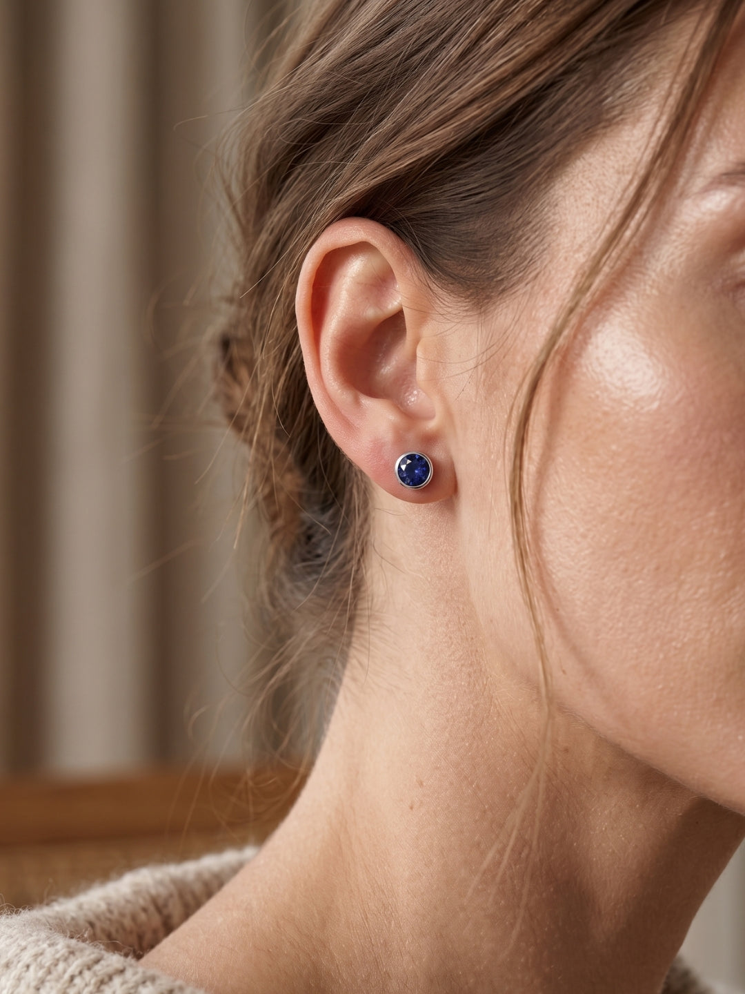 925 Silver Round Blue Stud Earrings for Women