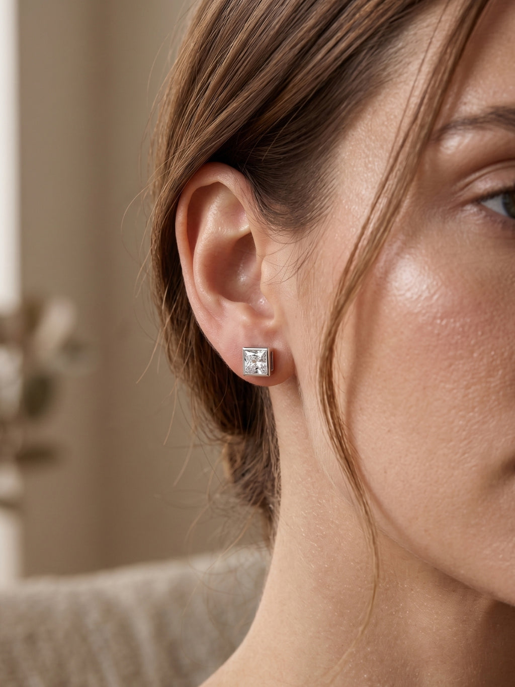 925 Silver Square Crystal Stud Earrings for Women
