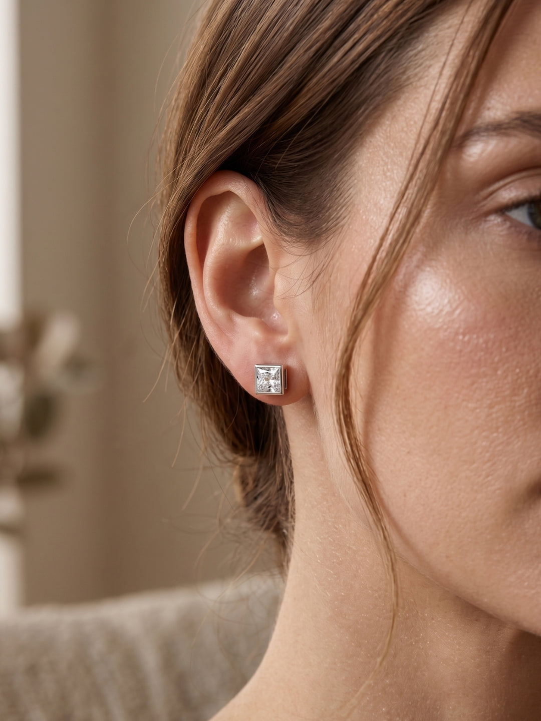 925 Silver Square Crystal Stud Earrings for Women