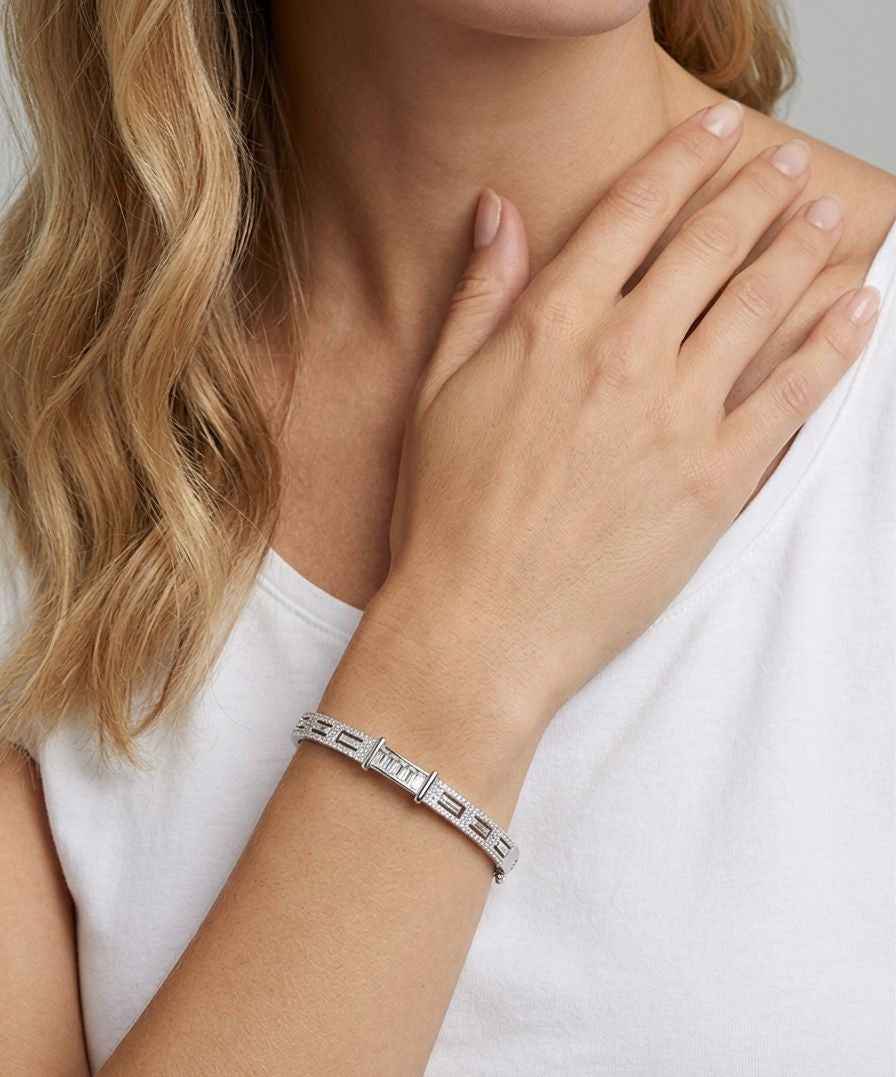 92.5 Sterling Silver Radiant Baguette Crystal Silver Bracelet for Women
