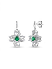 925 Silver Emerald Flower Drop Earrings for Women