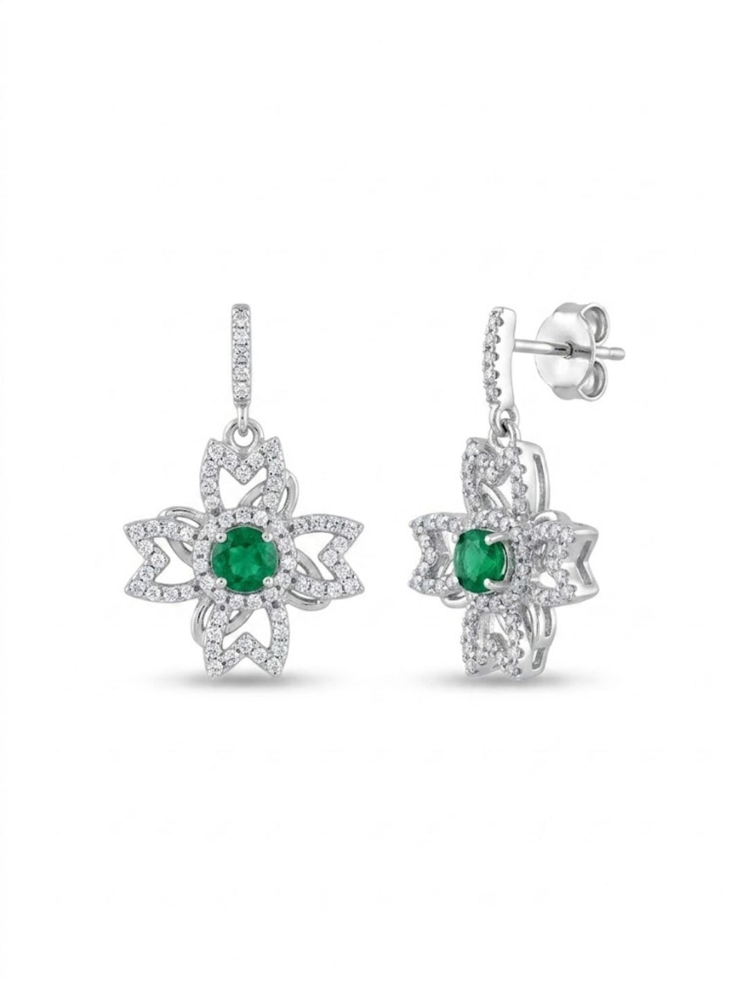 925 Silver Emerald Flower Drop Earrings for Women