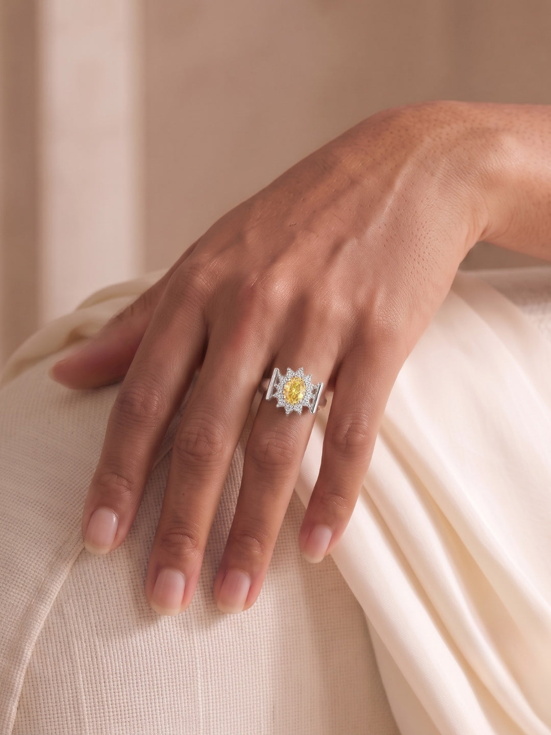 925 Sterling Silver Yellow Oval Halo Cocktail Ring for Women